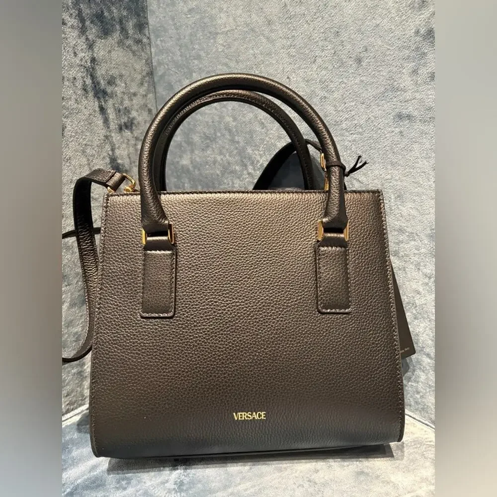 VERSACE VIRTUS CALF LEATHER SMALL BLACK TOP HANDLE BAG - Picture 4 of 6